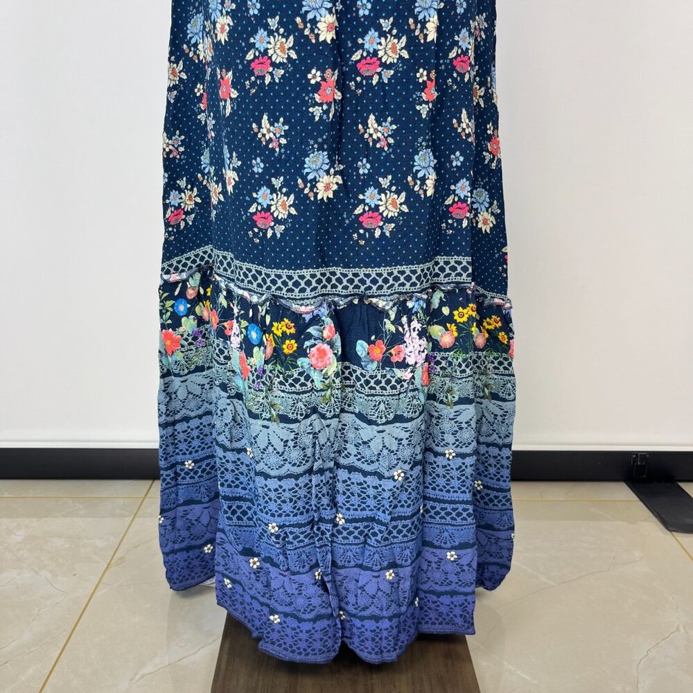 NWOT Johnny Was Blue Floral Elastic Waist Maxi Skirt Size S Pull-On - Picture 4 of 14
